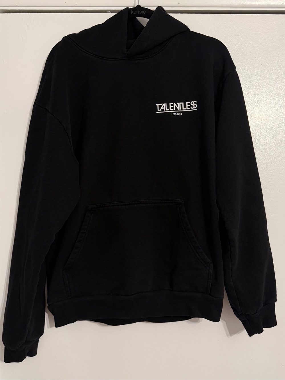 TALENTLESS Black Crewneck Hoodie with White Kangaroo Pocket and Logo - Size L